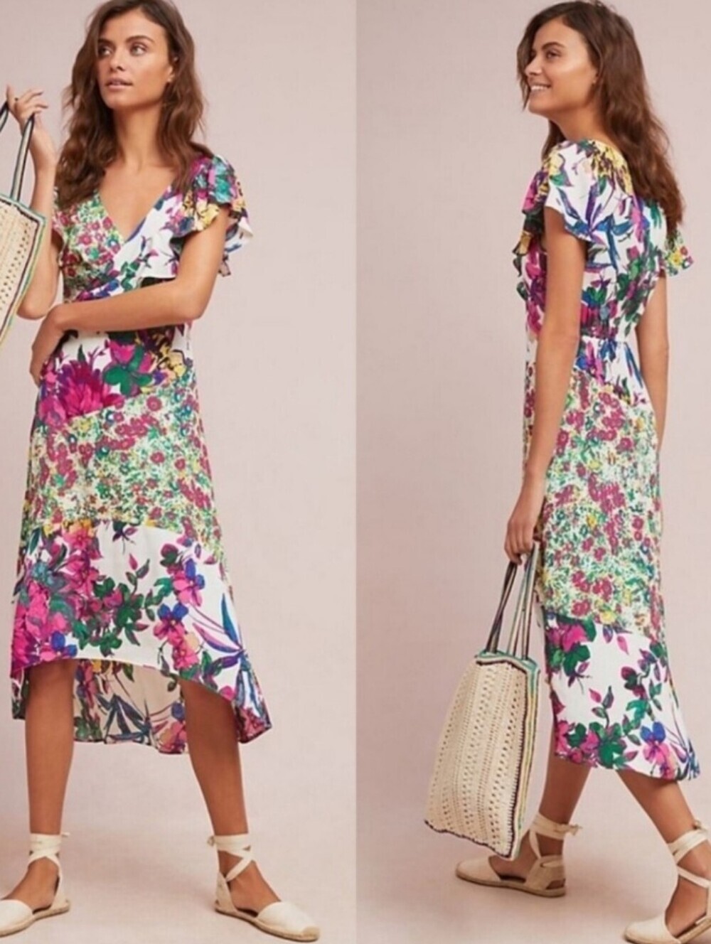 Tracy Reese X Anthropologie Ennis Floral Faux Wrap Dress Sz SP Patchwork Ruffle